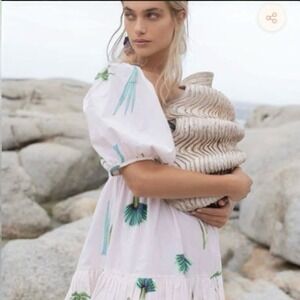 Oliphant Bubble Skirt Smocked Mini Dress In Frond Green Palm Sz XXS‎